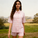 Woven Plain  Plaid Short Sleeve Pajama Set